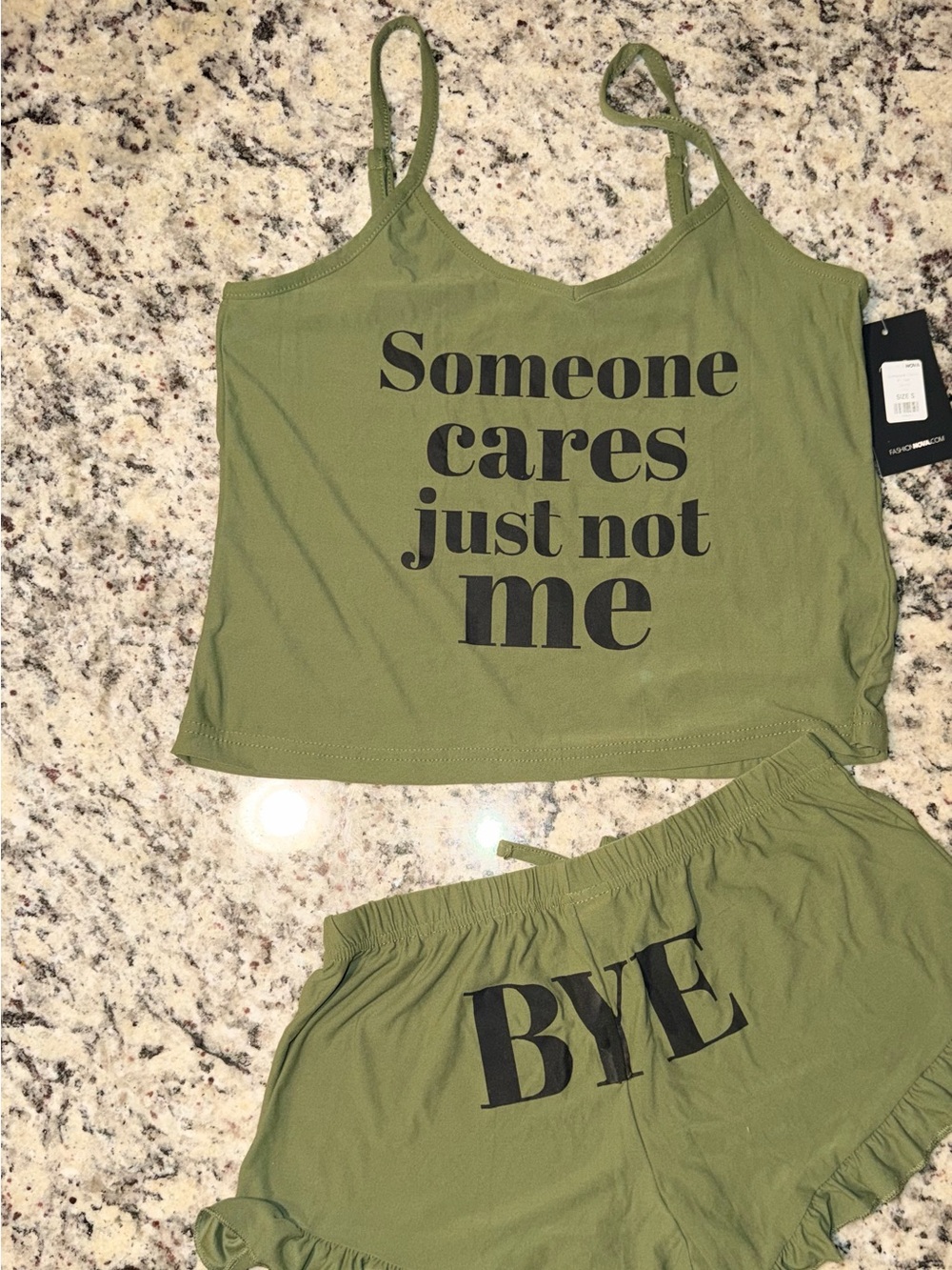 Fashion Nova Olive Green "Someone Cares Just Not Me" Pajama Set
